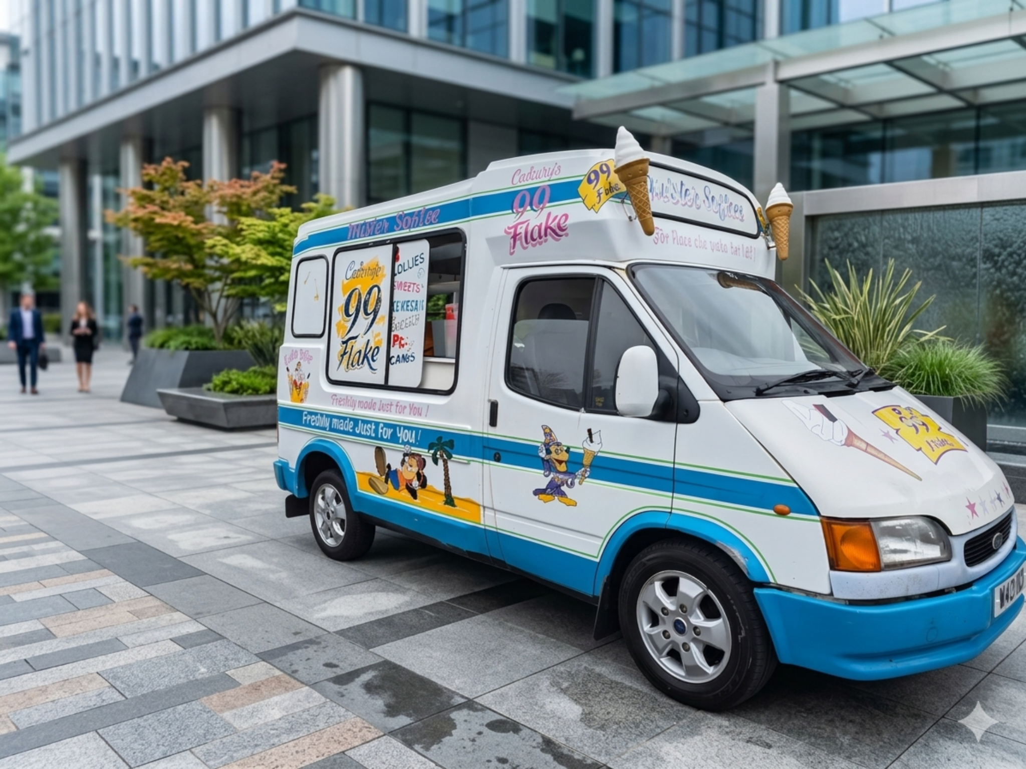 AADAMS WHIPPY ICECREAM VAN<br><span style='font-size:14px; font-weight:400;'>Freshly made ice cream, for those who prefer the best</span> van outside an office building